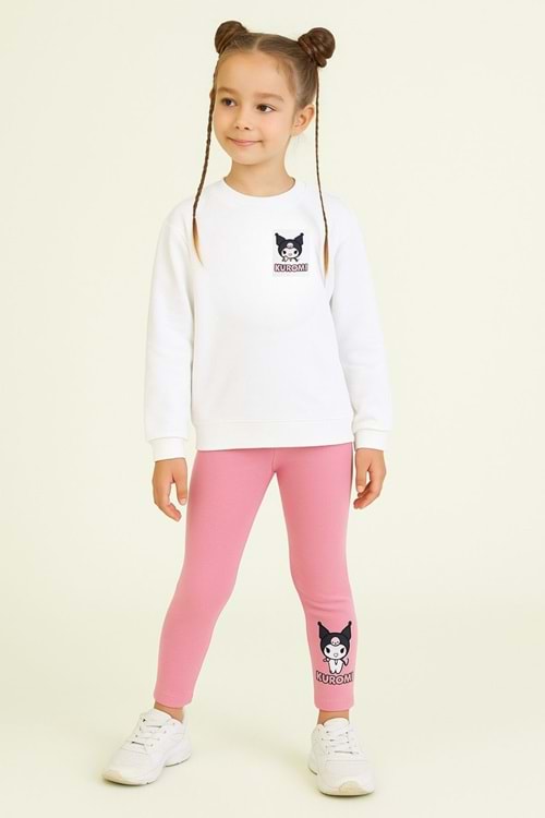 Kız Çocuk Kuromi Baskılı Sweatshirt Renkli Tayt Kombini