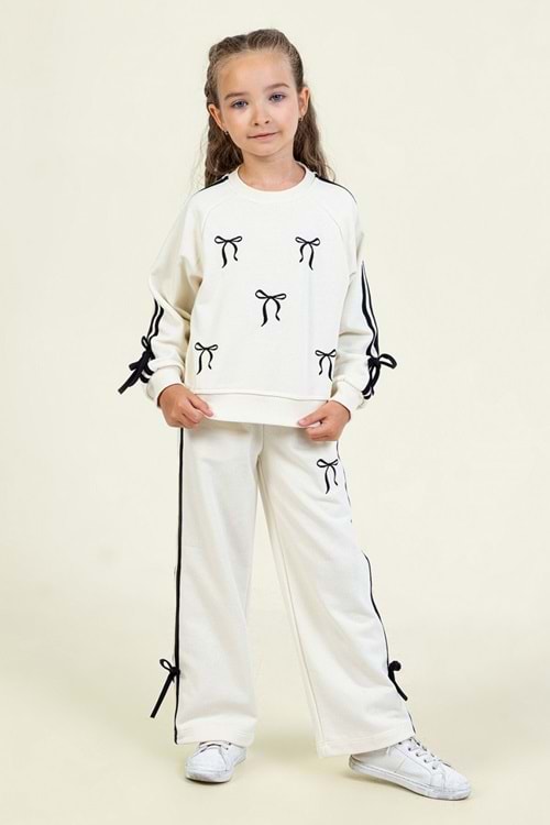 Kız Çocuk Fiyonk Desenli Beyaz Sweatshirt & Eşofman Altı Takımı
