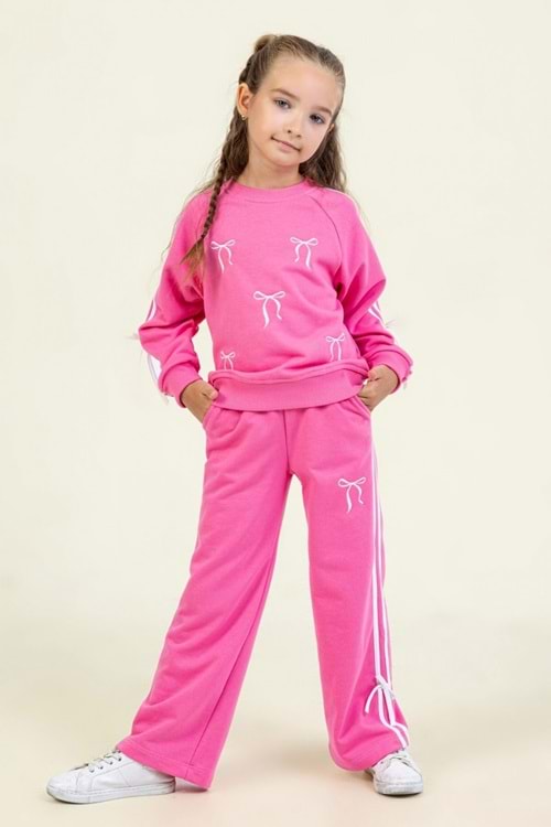 Kız Çocuk Fiyonk Desenli Beyaz Sweatshirt & Eşofman Altı Takımı