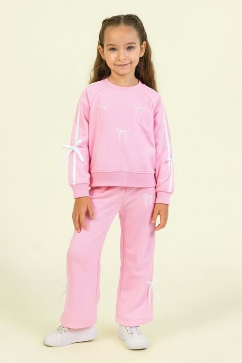 Kız Çocuk Fiyonk Desenli Beyaz Sweatshirt & Eşofman Altı Takımı