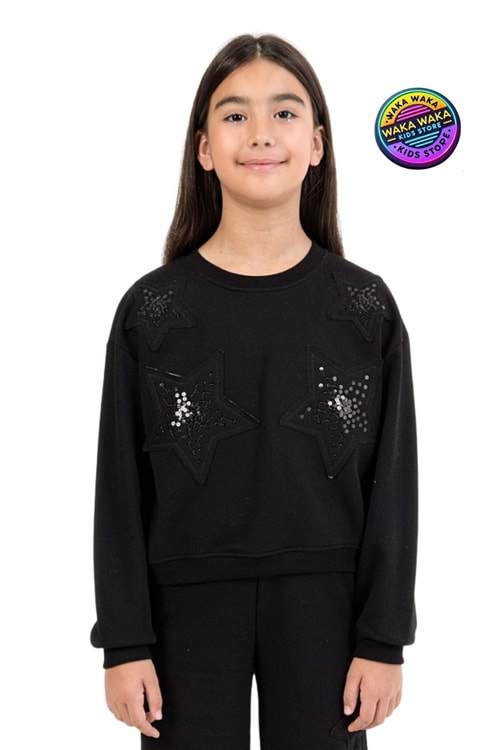 Siyah Yıldız Detaylı Kız Çocuk Sweatshirt