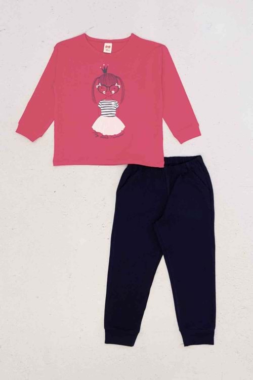 Kız Çocuk Önü Baskılı Paçaları Lastikli Pijama Takımı - Fuji - 6-7 YAŞ