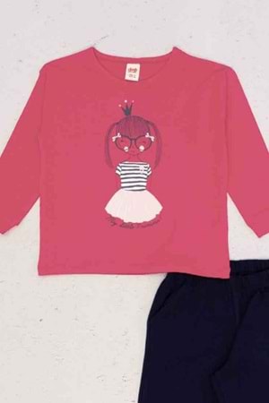Kız Çocuk Önü Baskılı Paçaları Lastikli Pijama Takımı - Fuji - 7-8 YAŞ