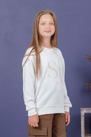 Önü Sargı Nakışlı Bisiklet Yaka Kız Çocuk Sweat - Ekru - 12-13 YAŞ