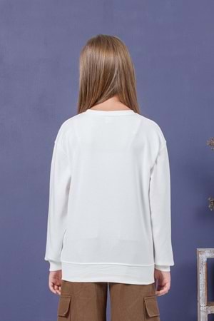 Önü Sargı Nakışlı Bisiklet Yaka Kız Çocuk Sweat - Ekru - 12-13 YAŞ