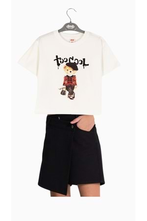 Ayıcık Baskılı T-Shirt Kot Şort Etekli Kız Çocuk Takım