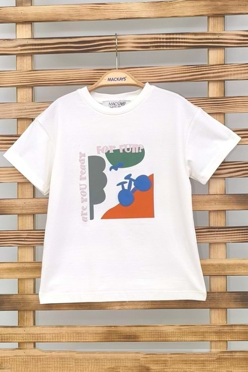 Önü Baskılı Bisiklet Yaka Erkek Çocuk T-Shirt - Ekru