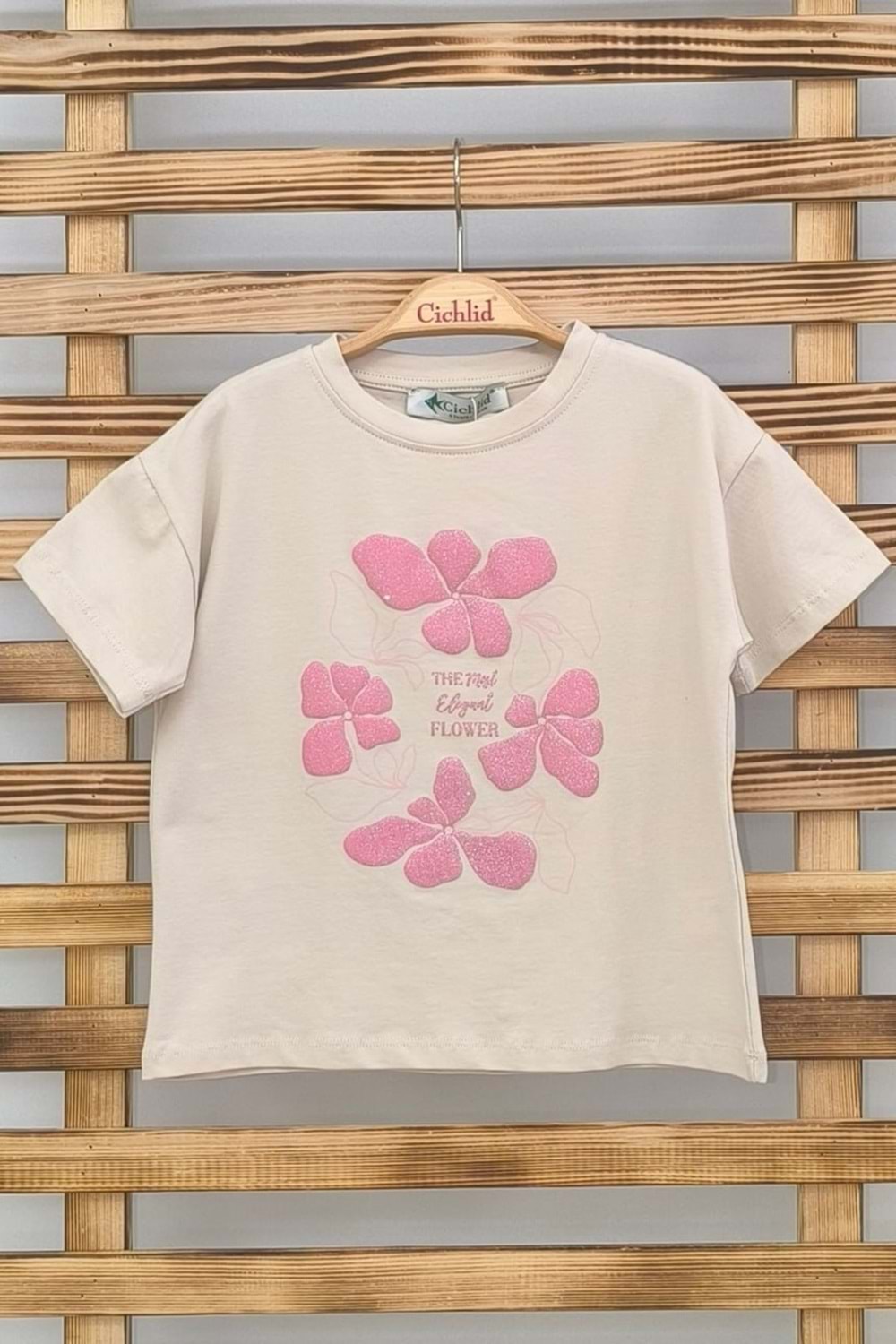 Önü Baskılı Bisiklet Yaka Kız Çocuk T-Shirt - Bej