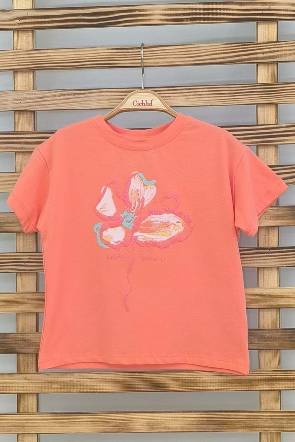 Önü Baskılı Bisiklet Yaka Kız Çocuk T-Shirt - Oranj