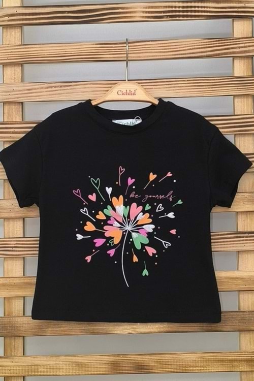 Önü Baskılı Bisiklet Yaka Kız Çocuk T-Shirt - Siyah
