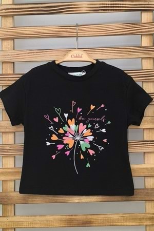 Önü Baskılı Bisiklet Yaka Kız Çocuk T-Shirt - Siyah