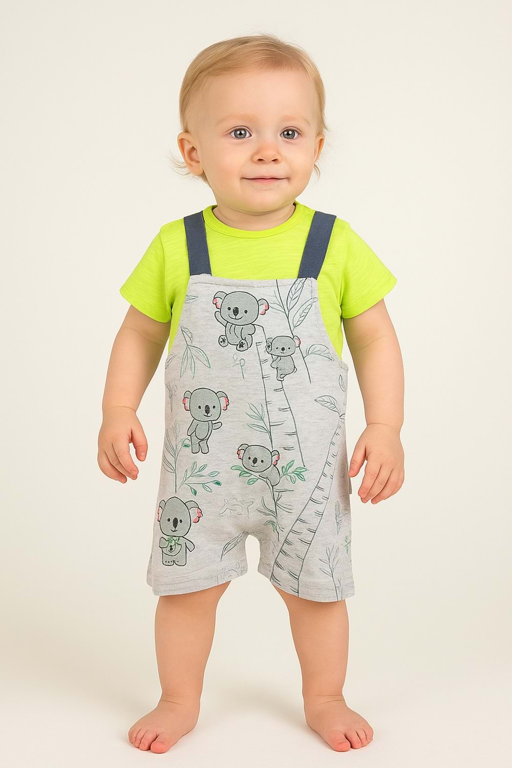 Koala Baskılı Neon Yeşil Bebek Salopet Takım (2 Parça)