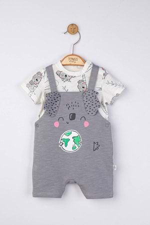 Koala ve Dünya Baskılı Gri Bebek Salopet Takım (2 Parça)