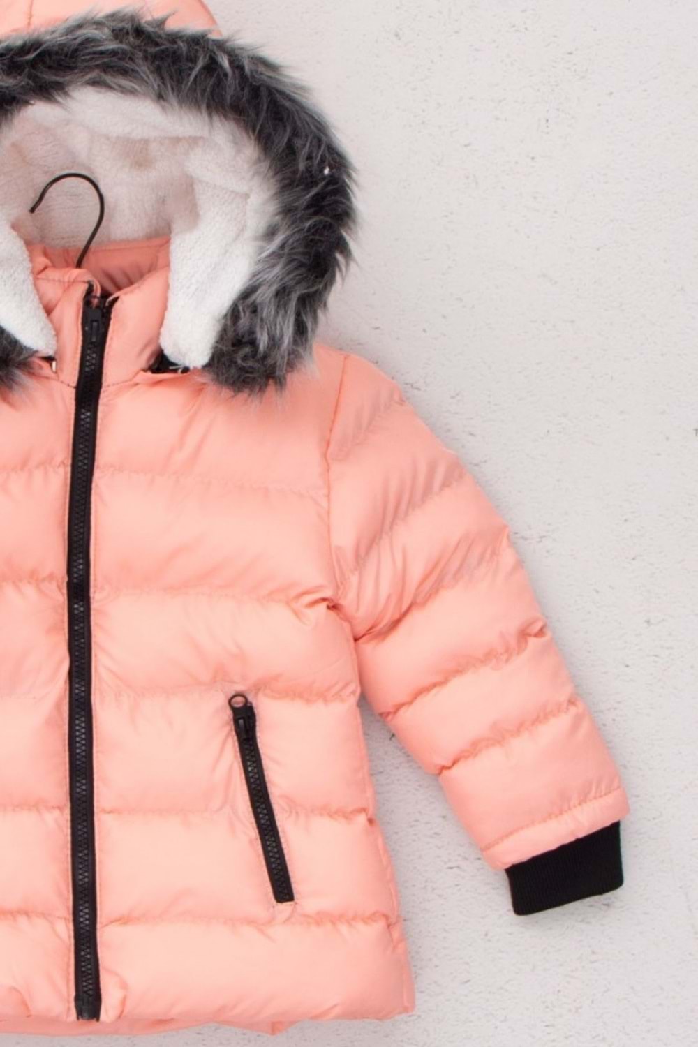 İçi Polarlı Çıkarılabilir Kapüşonlu Cepli Kız Çocuk Mont- Gül - 4 YAŞ