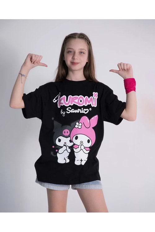 Kuromi Baskılı Bisiklet Yaka Kız Tişört