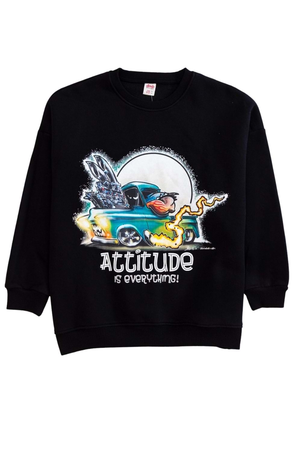 Bisiklet Yaka Önü Baskılı Oversize Sweatshirt - Siyah - 13-14 YAŞ