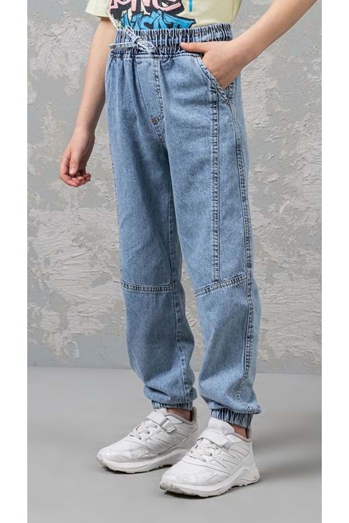 Beli Paçaları Lastikli Kordonlu Erkek Kot Pantolon - Mavi - 6-7 YAŞ