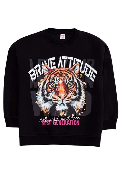 Bisiklet Yaka Önü Baskılı Sweatshirt - Siyah - 13-14 YAŞ