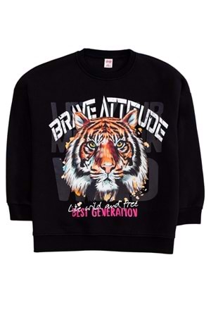 Bisiklet Yaka Önü Baskılı Sweatshirt - Siyah - 13-14 YAŞ
