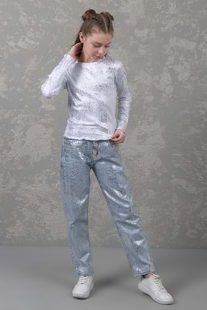 Varak Baskılı Ayarlana Bilir Bel Kız Kot Pantolon - Mavi - 10-11 YAŞ
