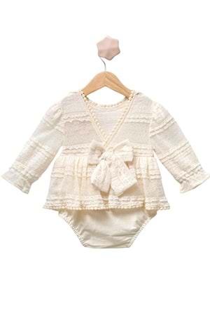 Güpürlü Dantel Kumaş Alttan Çıtçıtlı Kız Bebek Elbise