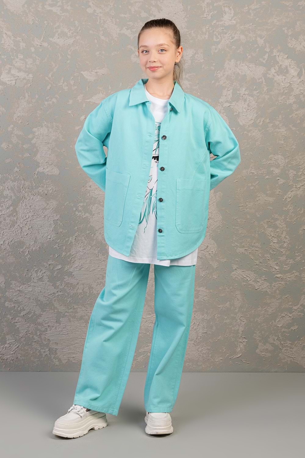 Düz Renk Cepli Düğme Kapamalı Kız Çocuk Kot Gömlek - Mint - 13-14 YAŞ