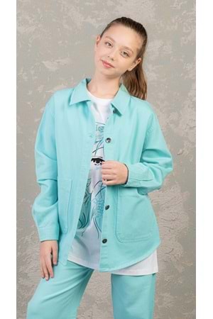 Düz Renk Cepli Düğme Kapamalı Kız Çocuk Kot Gömlek - Mint - 13-14 YAŞ