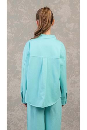 Düz Renk Cepli Düğme Kapamalı Kız Çocuk Kot Gömlek - Mint - 13-14 YAŞ