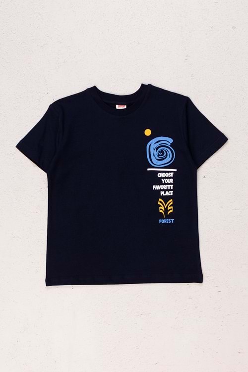 Baskı Detaylı Bisiklet Yaka %100 Pamuk Erkek T-Shirt - 5-6 YAŞ