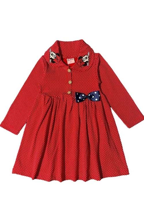 Puantiyeli Yakası Mini Mause Nakışlı Önden Düğmeli Elbise - Kırmızı - 5 YAŞ
