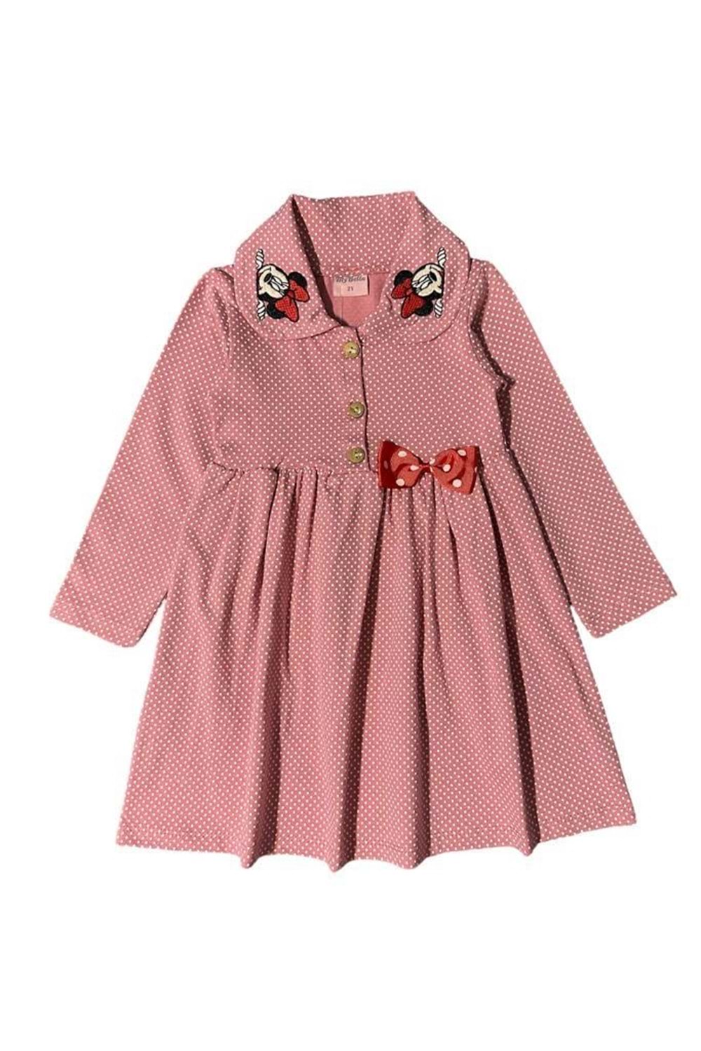 Puantiyeli Yakası Mini Mause Nakışlı Önden Düğmeli Elbise - Pudra - 3 YAŞ