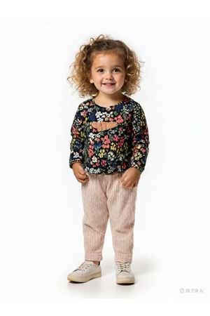 Çiçek Baskılı Düğme Kapamalı Kız Bebek Alt Üst Takım