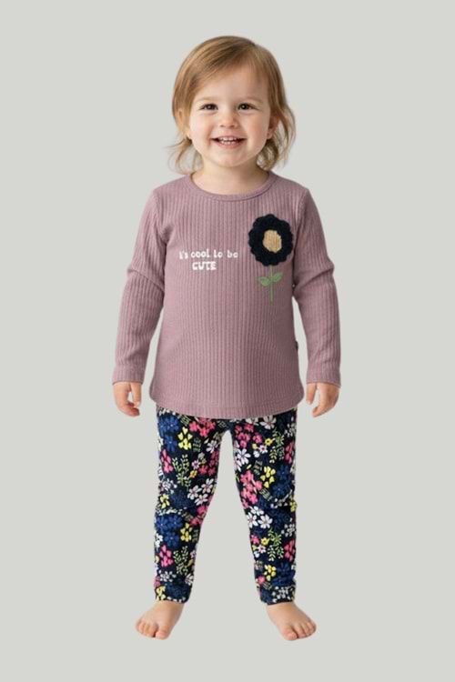 Önü Baskılı Çiçek Aplikeli Alt Üst Takım - Mor - 6-9 AY