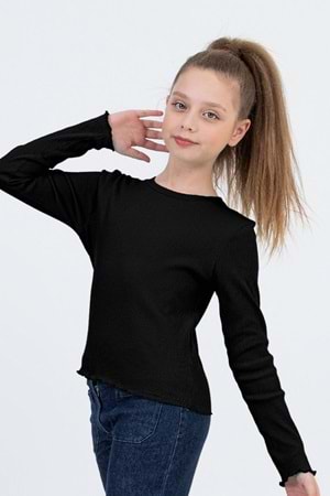 Kız Çocuk Uzun Kollu Ribana Tişört Ekru & Siyah