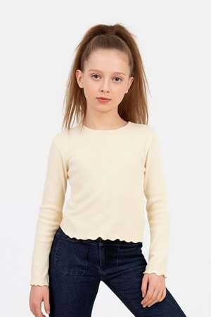 Kız Çocuk Uzun Kollu Ribana Tişört Ekru & Siyah