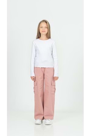 Kargo Cepli Beli Lastikli Kordon Bağlamalı Gabardin Kız Pantolon - Pudra - 8-9 YAŞ