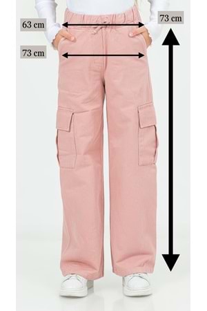 Kargo Cepli Beli Lastikli Kordon Bağlamalı Gabardin Kız Pantolon - Pudra - 8-9 YAŞ