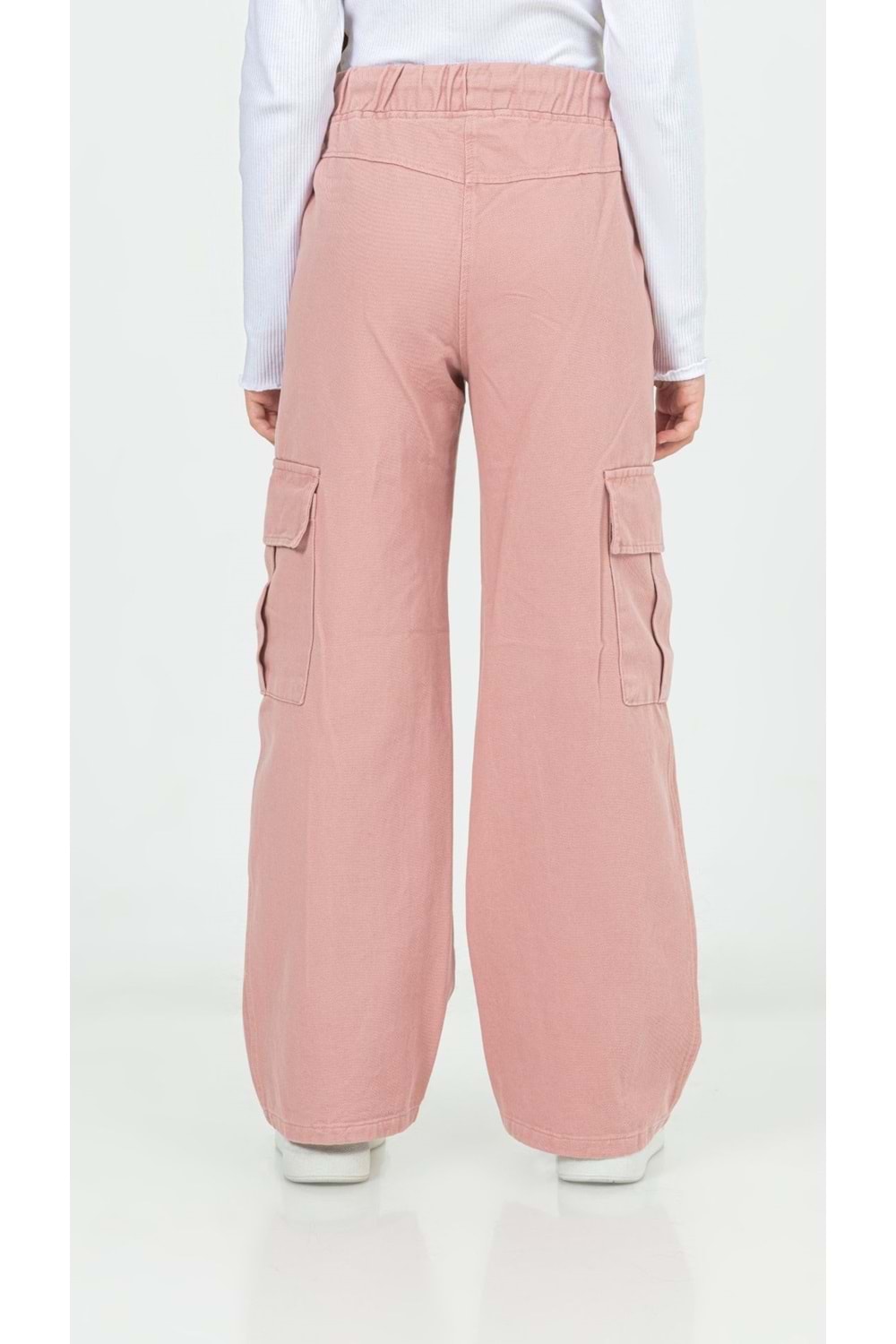 Kargo Cepli Beli Lastikli Kordon Bağlamalı Gabardin Kız Pantolon - Pudra - 8-9 YAŞ