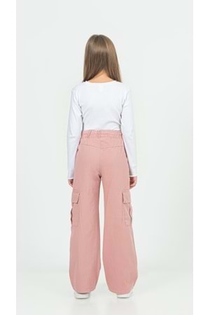 Kargo Cepli Beli Lastikli Kordon Bağlamalı Gabardin Kız Pantolon - Pudra - 8-9 YAŞ