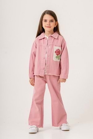 Kabartma Baskılı T-Shirt Püsküllü kot Ceket pantolonlu Kız Çocuk 3lü Takım - Pembe
