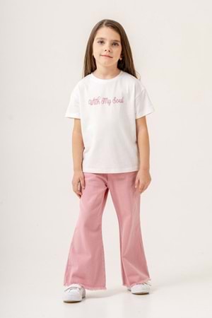 Kabartma Baskılı T-Shirt Püsküllü kot Ceket pantolonlu Kız Çocuk 3lü Takım - Pembe