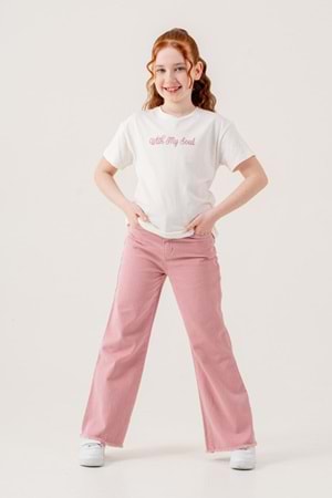 Kabartma Baskılı T-Shirt Püsküllü kot Ceket pantolonlu Kız Çocuk 3lü Takım - Pembe