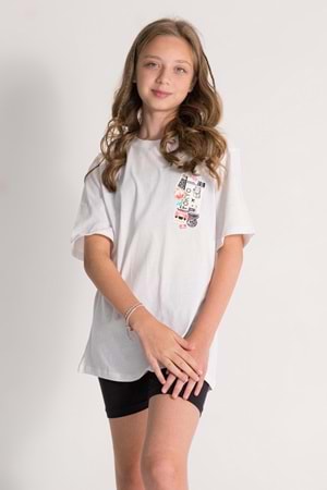 Önü Sırtı Tokyo Baskılı Bisiklet Yaka Kız Çocuk T-Shirt - Beyaz