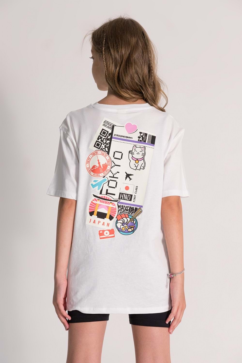 Önü Sırtı Tokyo Baskılı Bisiklet Yaka Kız Çocuk T-Shirt - Beyaz