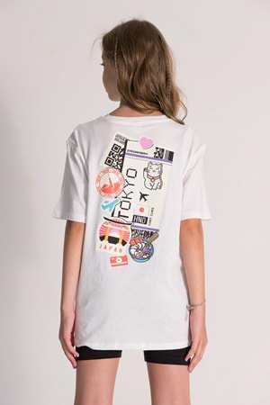 Önü Sırtı Tokyo Baskılı Bisiklet Yaka Kız Çocuk T-Shirt - Beyaz