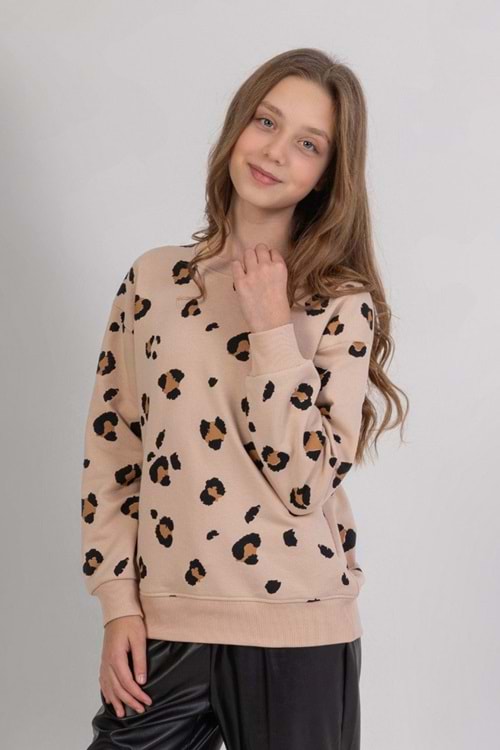 Leopar Baskılı Bisiklet Yaka Kız Çocuk Sweat
