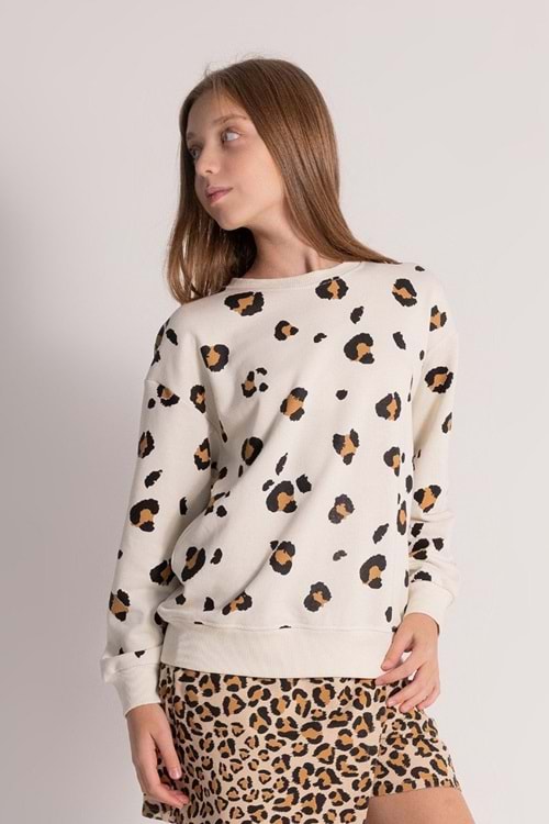 Leopar Baskılı Bisiklet Yaka Kız Çocuk Sweat