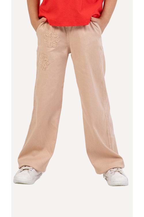 Çiçek Aplikeli Lastikli Bel Bağcık Detaylı Kız Çocuk Gabardin Pantolon