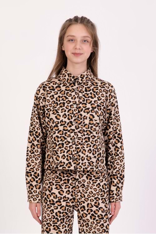 Leopar Desenli Düğme Kapamalı Kız Çocuk Gabardin Ceket