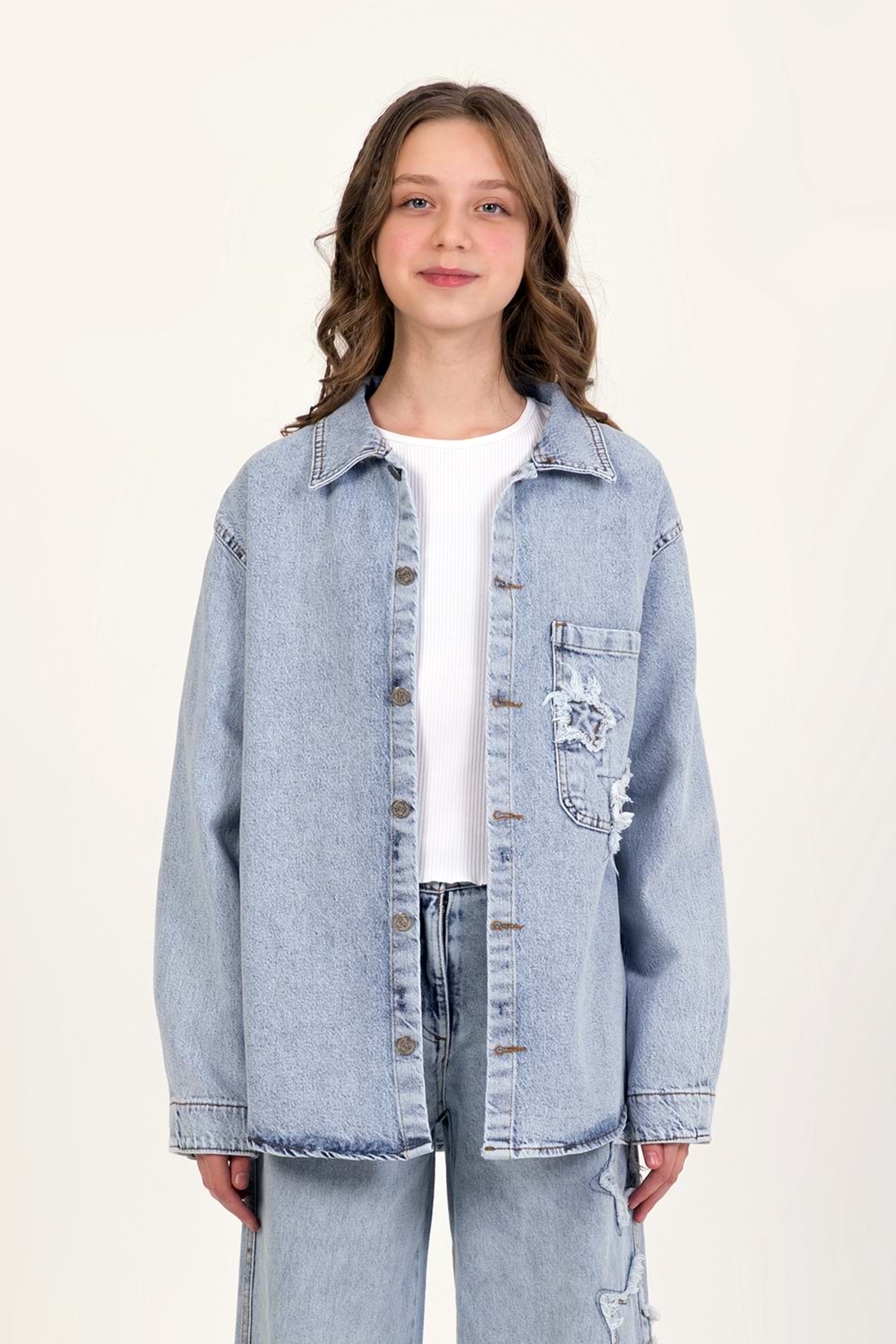 DMB BOYS & GIRLS Tek Cepli Yıldız Nakışlı Denim Kız Çocuk Kot Gömlek